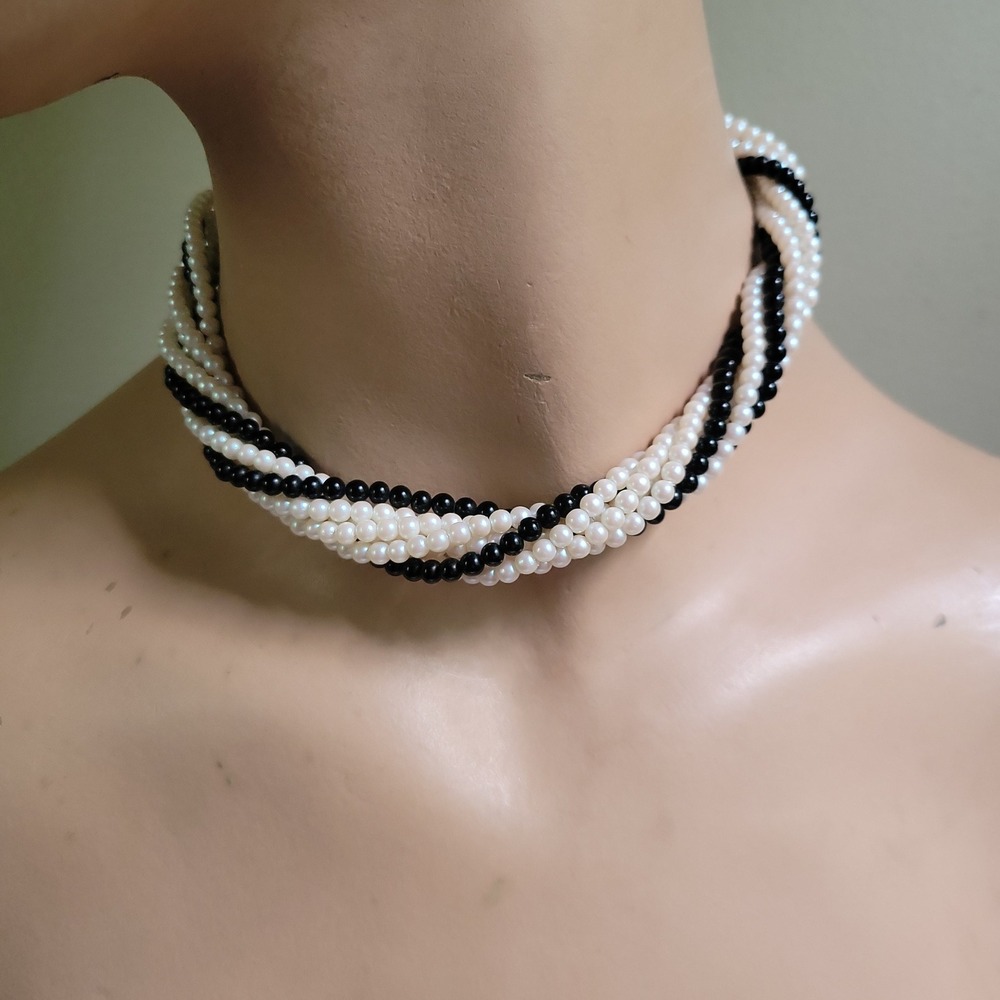 Vintage 80s Black White Faux Pearl Multi Strand Torsade Choker Necklace 14"